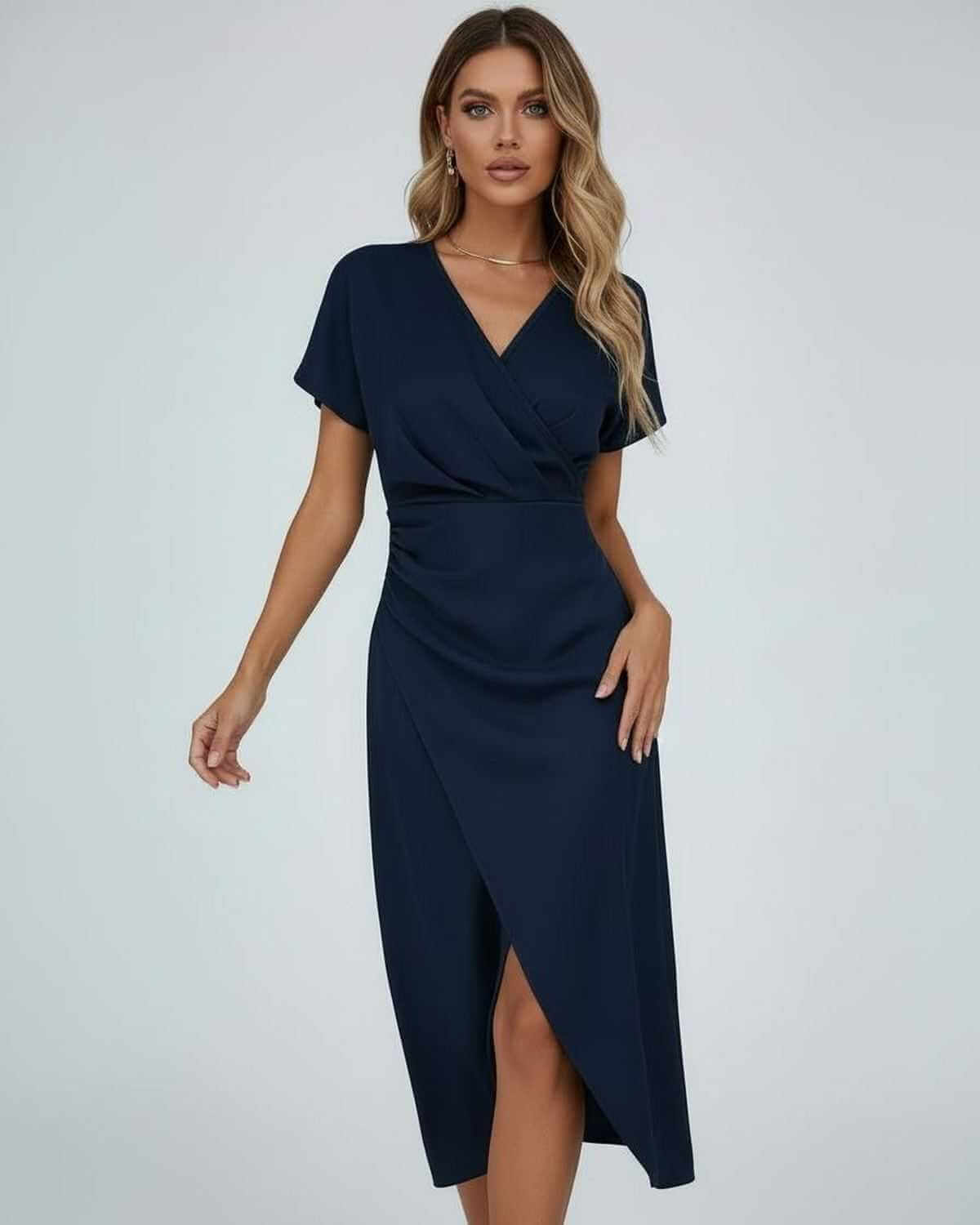 Dames Midi Jurk | Groen | Overslag V-Hals | Gedrapeerd Met Split