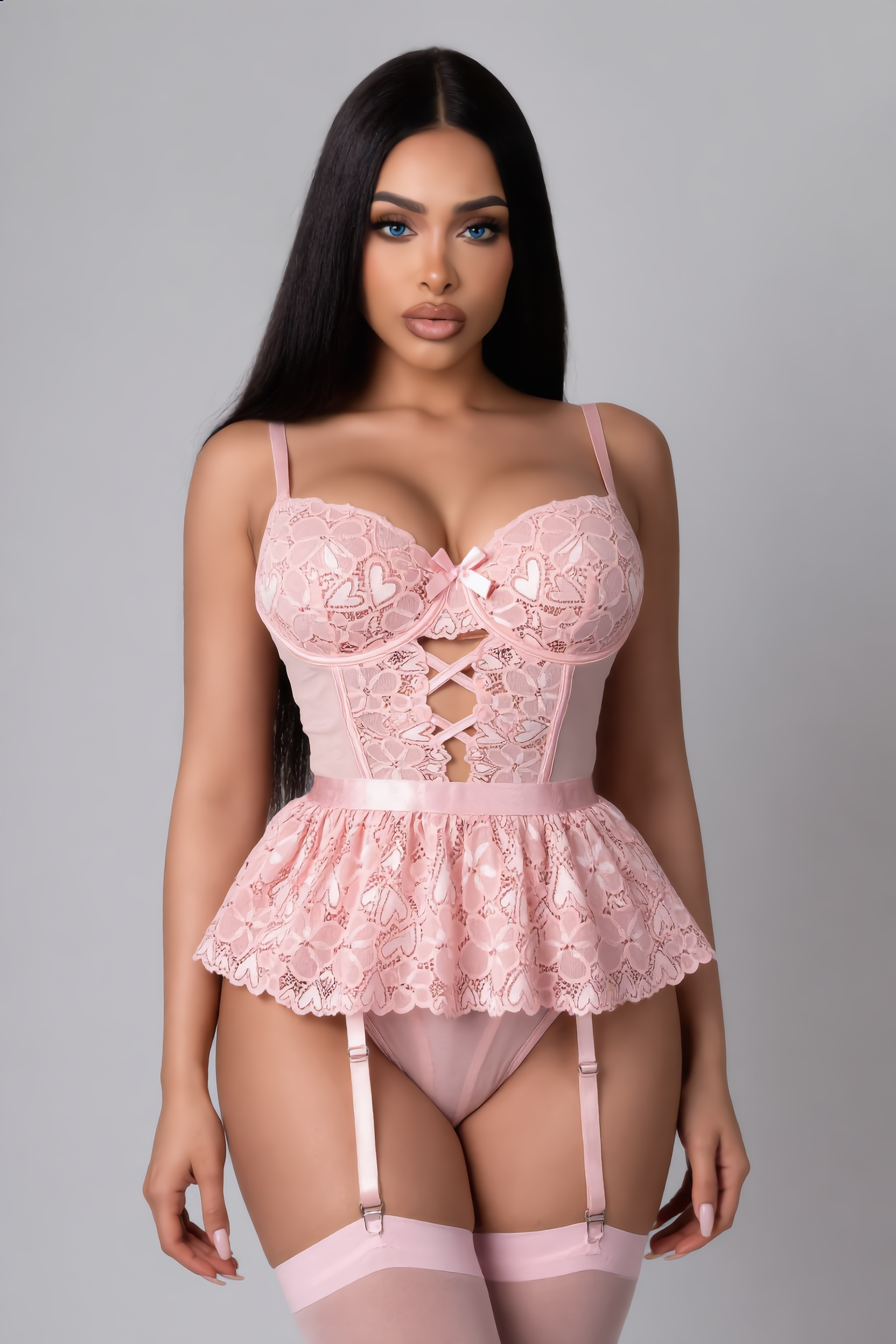 Bodysuit Set Dames Kant – Roze 3-Delig Met Rokje En Kousen – Vrouwelijk Silhouet & Comfort