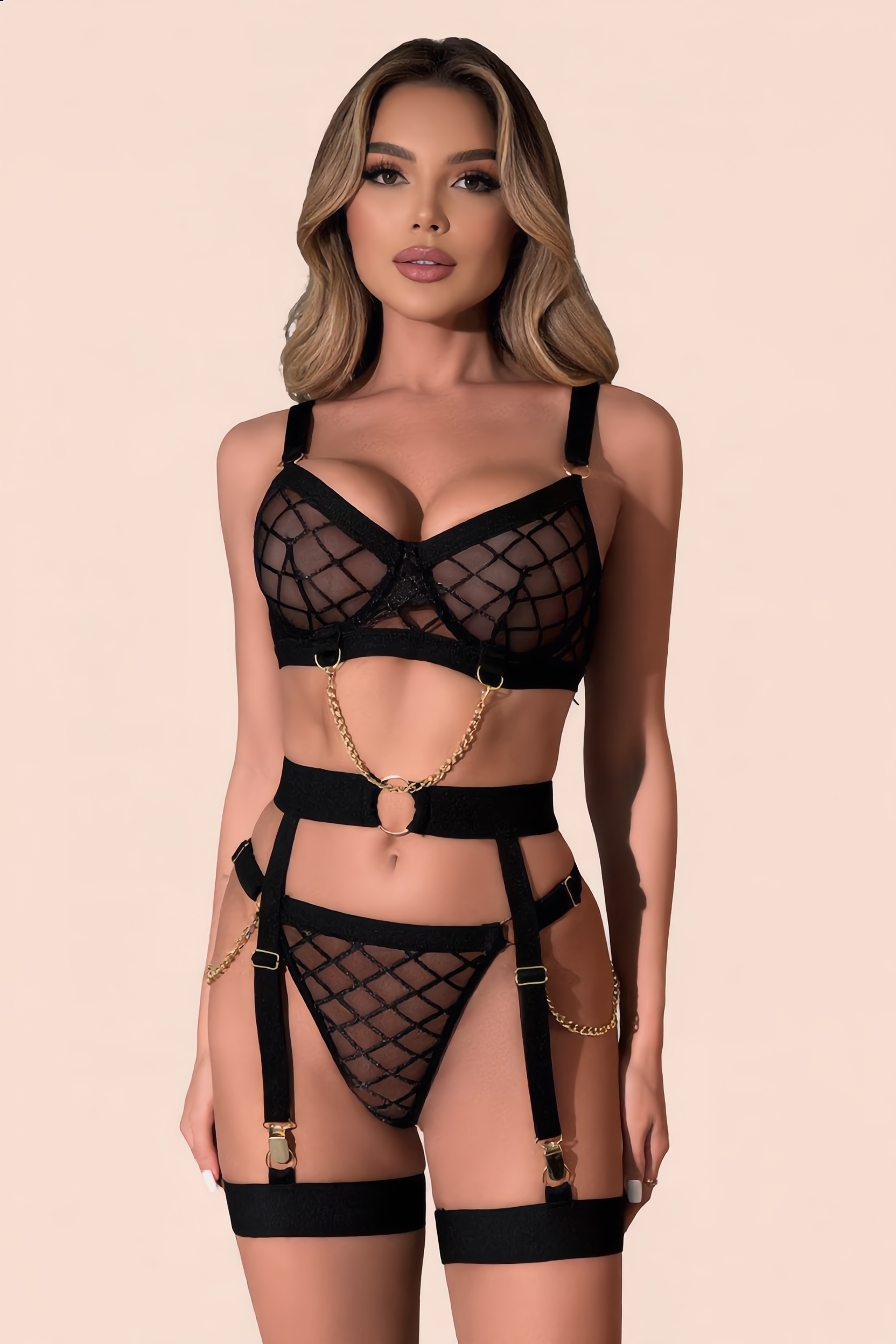 Lingerieset Dames Bandage – Zwart 5-Delig Met Ketting En Jarretels – Verleidelijke Set