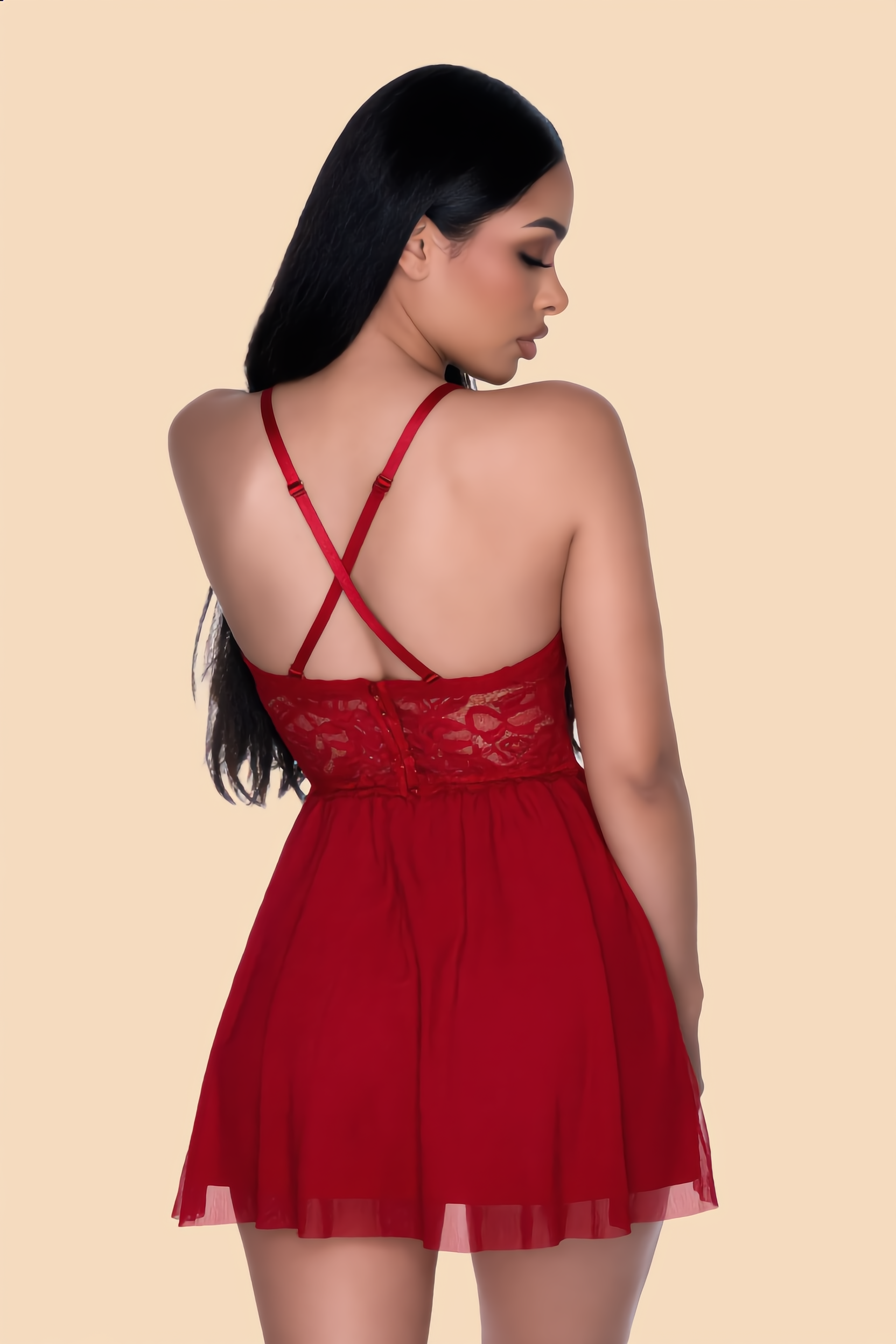 Babydoll Set Dames Kant En Mesh – Robijnrood Met Strappy String – Luchtig Draagcomfort