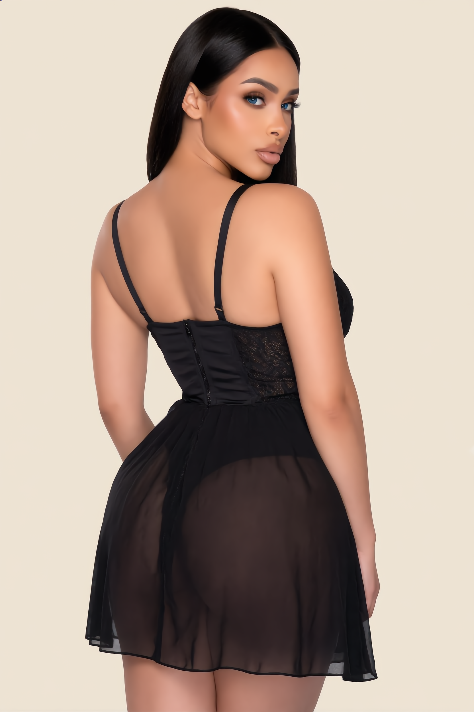 Babydoll Set Dames Kant En Mesh – Zwart Met Strappy String – Luchtig Draagcomfort