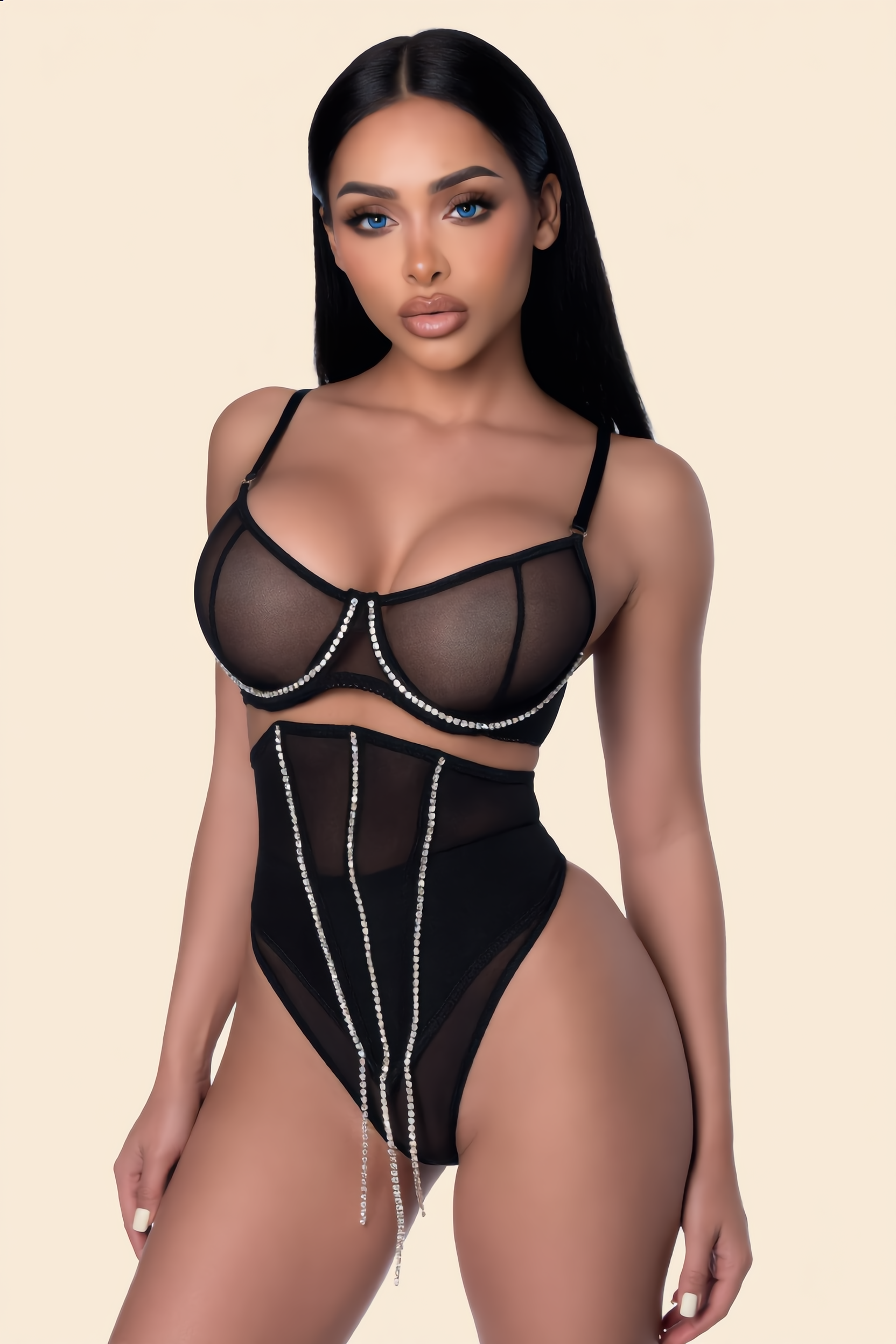 Korset Set Dames Mesh – Zwart 3-Delig Met String En Strass – Elegante Shaping met Comfort