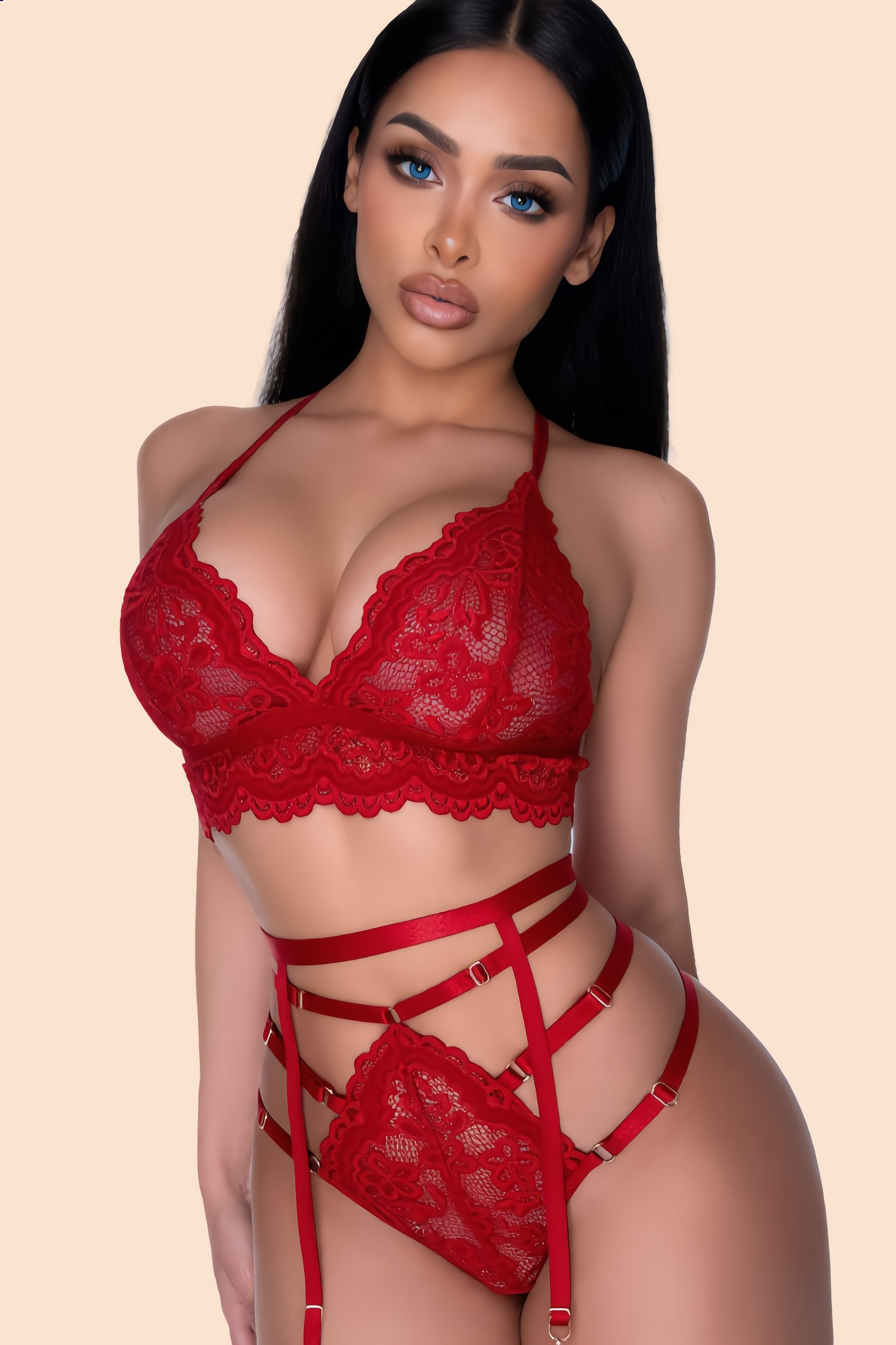 Lingerieset Dames Gehaakt Kant – Rood 3-Delig Met Jarretels – Verleidelijke Set