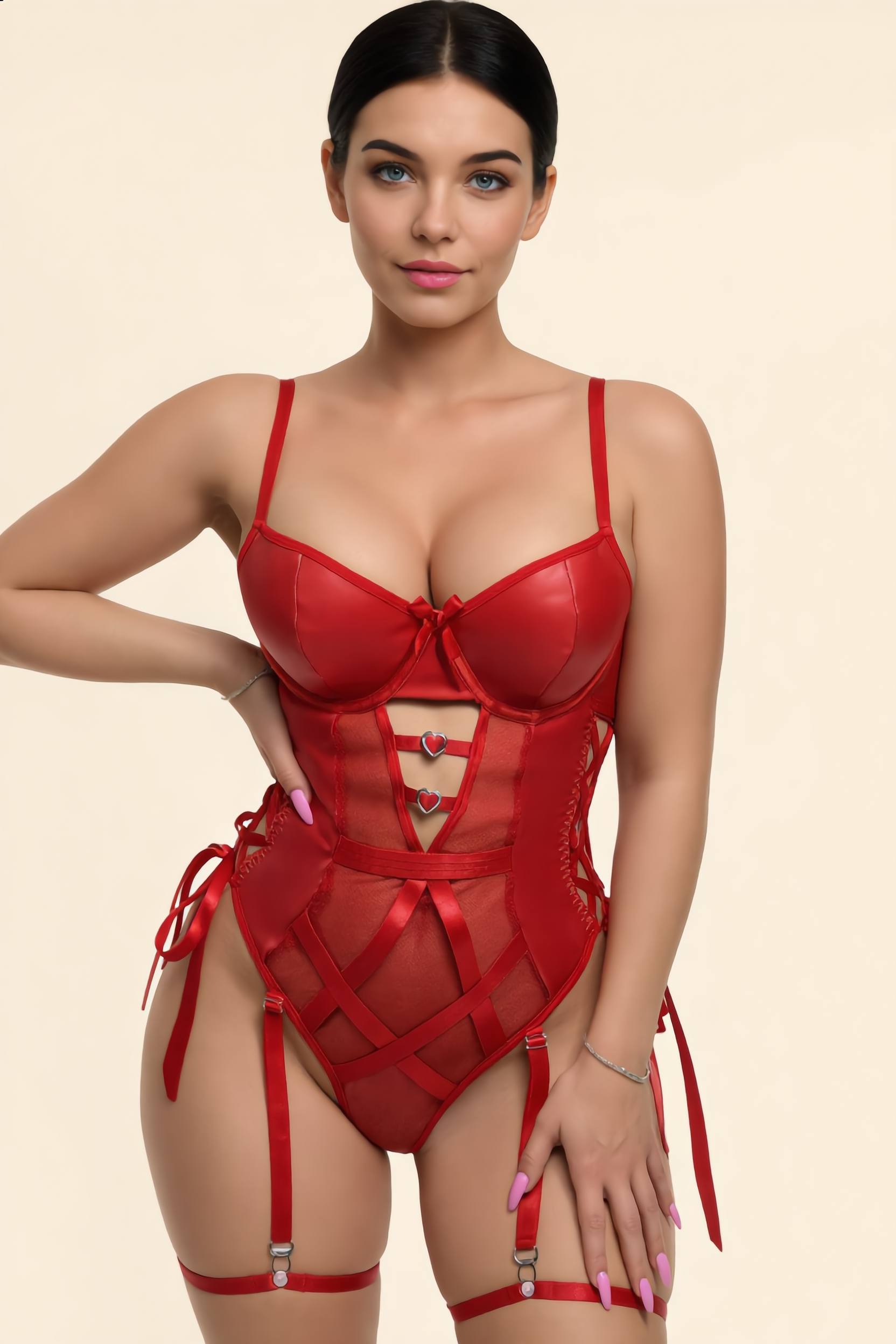 Red Faux Leather Mesh Bandage Hearts Thong Sexy Garter Lingerie Set