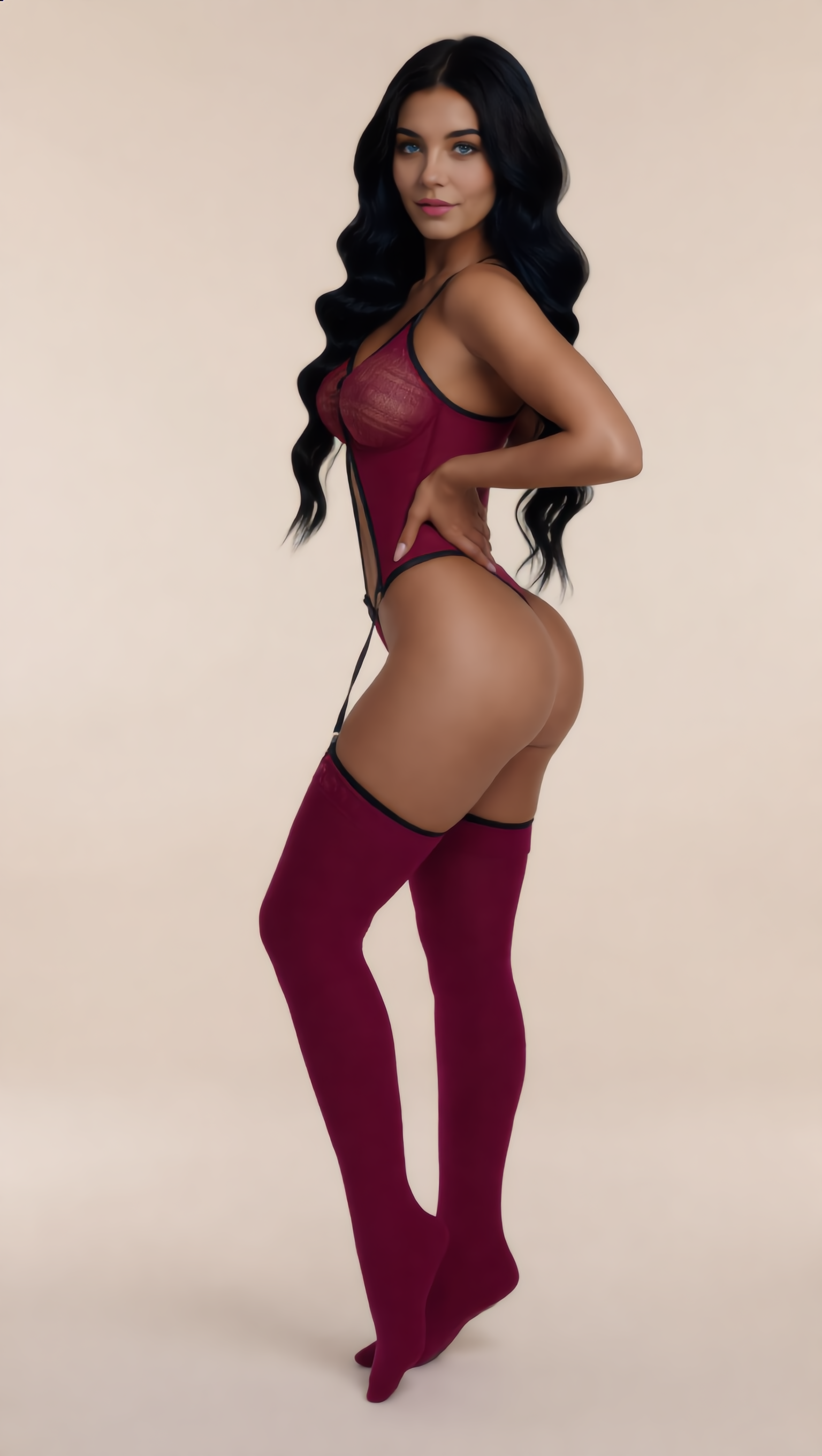 Wine Rode Strappy Bodysuit Set - Lingerieset Dames – Bordeauxrood Met Bodysuit En Kousen