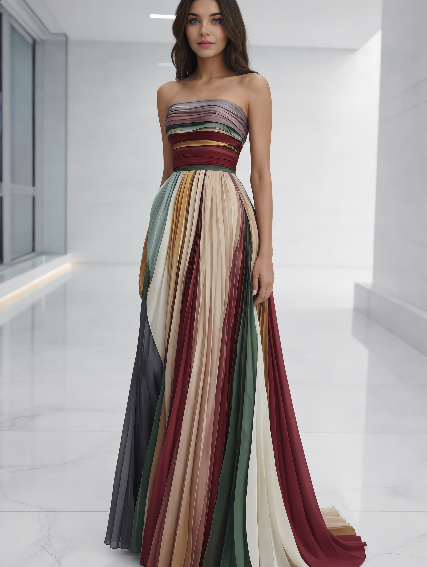 Dames Maxi Jurk | Strapless | Geplooid Met Multicolor Strepen