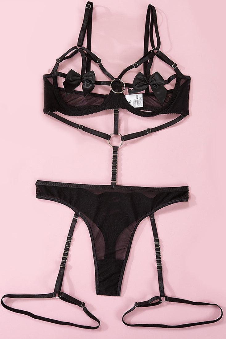 Lingerieset Dames Strappy – Zwart Met Strik – Luxe Lingerie met Comfort