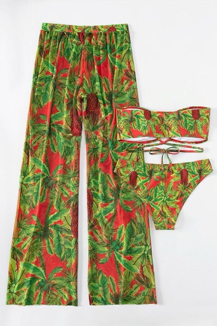 Bikini Set Palm Print Bandeau High Waist dames